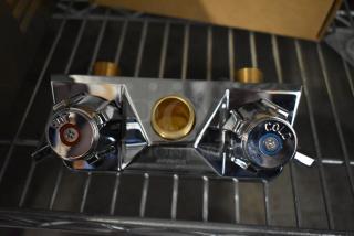 BRAND NEW Assure 190FW44G wall-mounted faucet, 3 1/2" swivel gooseneck spout, 4” centers, hot/cold labels, minor scratches.