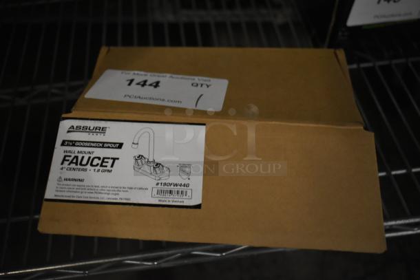 BRAND NEW Assure 190FW44G wall-mounted faucet, 3 1/2" swivel gooseneck spout, 4" centers, scratch and dent condition, in box.