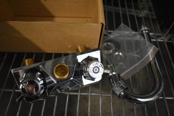 BRAND NEW Assure 190FW44G wall-mounted faucet, chrome finish, 3.5" swivel gooseneck spout, 4" centers, scratch and dent.