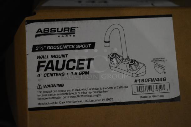 Assure 190FW44G wall-mounted faucet, 3 1/2" swivel gooseneck spout, 4" centers, 1.8 GPM, brand new, scratch and dent.