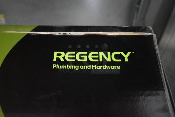 Regency 600FMS86 wall-mounted mop sink faucet packaging. Brand new, features 6.5" spout, 8" centers, with vacuum breaker.