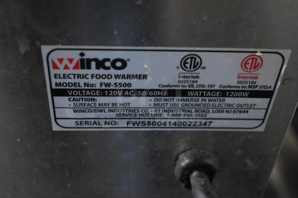 Winco FW-S500 Commercial Food Warmer, 120V, 1 Phase, model FW-S500. Label includes voltage and safety warnings.