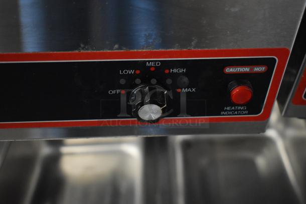 Winco FW-S500 Commercial Food Warmer, features adjustable settings, red heating indicator, and caution label. 120V, 1 Phase.