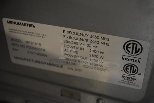 2021 Menumaster MFS18TS microwave label, 208/240V, 1 phase, 2450 MHz, 2800W input, 1800W output, ETL certified.