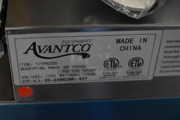 Avantco 177PG200 Commercial Panini Grill, grooved plates, 13 3/8" x 8 3/4" surface, 120V, ETL certified, made in China.