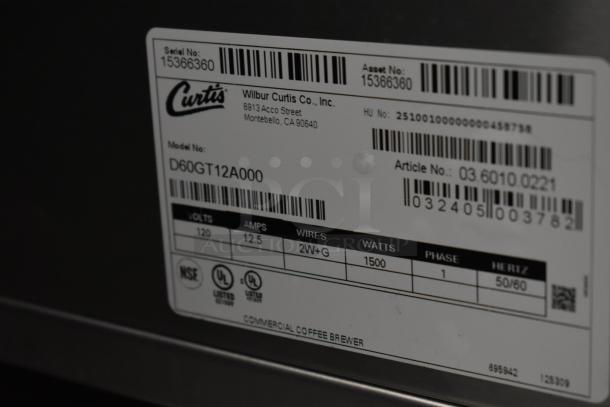 Label of Curtis D60GT12A000 Coffee Brewer, 120V, 1 Phase, with serial and asset numbers. New scratch and dent item.