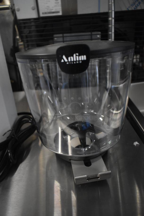 Brand new Anfim AF05 Luna espresso grinder, white, 4.4 lb capacity, on-demand, 120V, minor scratches, visible Anfim logo.