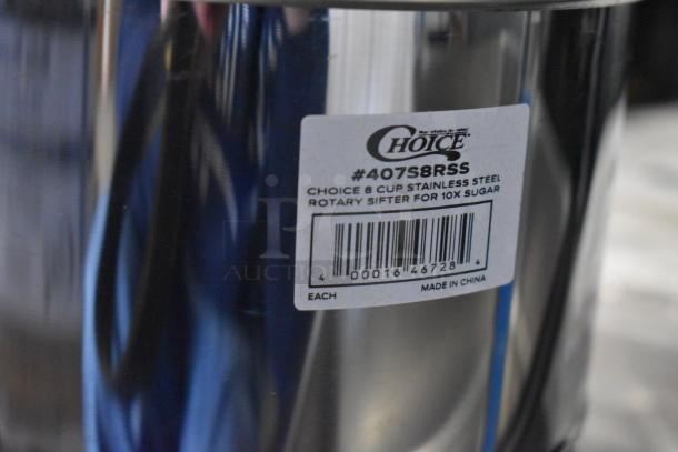 Choice 8-cup stainless steel rotary sifter for 10X sugar, model #407S8RSS. Barcode and "Made in China" label visible.