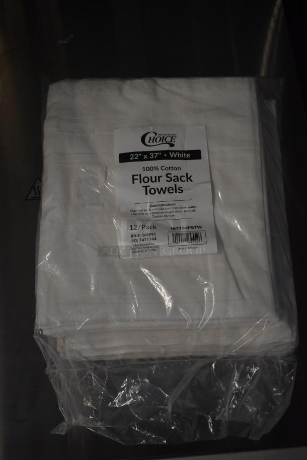 Choice 100% Cotton Flour Sack Towels, 22"x37", 12-pack. New condition in packaging. Includes care instructions and barcode.