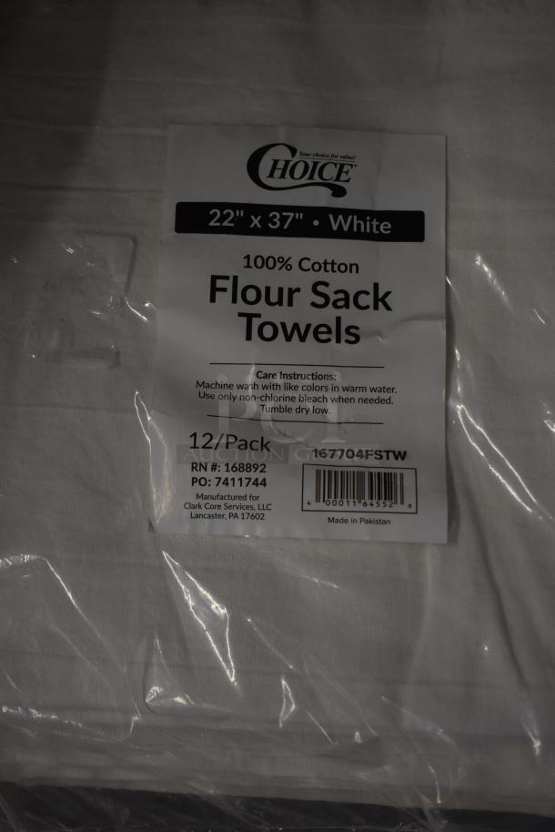 "Choice 22x37 in white flour sack towels, 12-pack, 100% cotton, new condition, made in Pakistan."