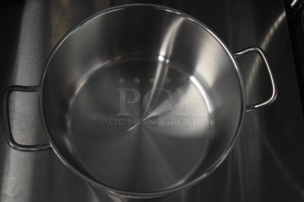 Stainless steel pot with handles, part of a new scratch and dent auction set. Shine indicates minimal wear.