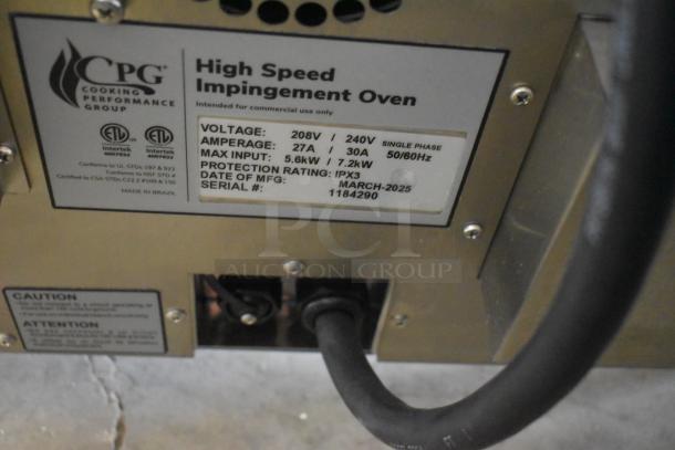 Stainless steel ventless high-speed oven by Cooking Performance Group, model HSIO-H, 208/240V, brand new with scratches. Labels detail voltage, amperage, and serial number 1184290.