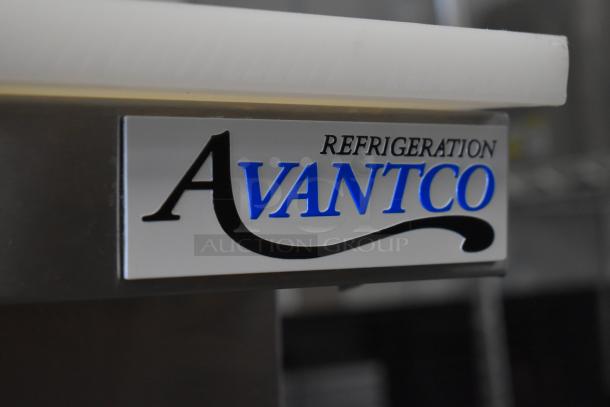 Avantco logo on a stainless steel commercial sandwich salad prep table. Model 178APT60MHC, brand new with minor scratches.