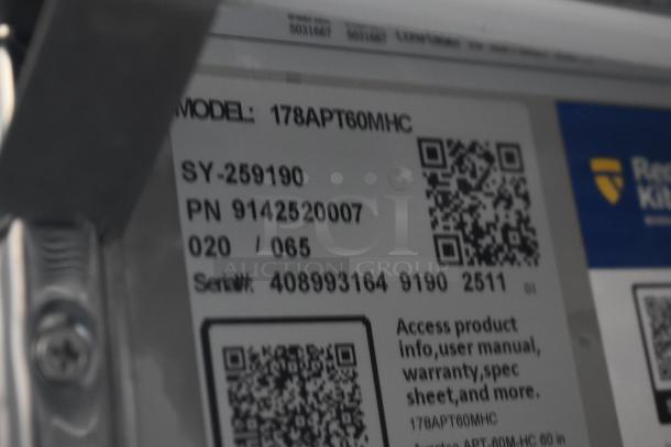 Alt text: Label on Avantco 178APT60MHC Sandwich Salad Prep Table, showing model number, part number, and QR codes for product info.
