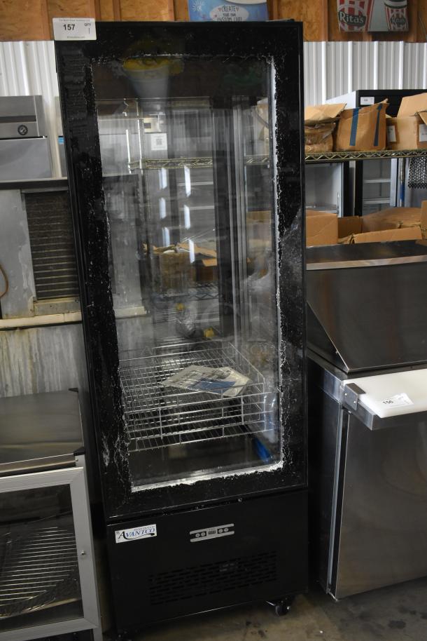 Avantco 193GD4C15HCB black glass refrigerated display case, 4-sided, on casters, 110-120V, scratch and dent condition.