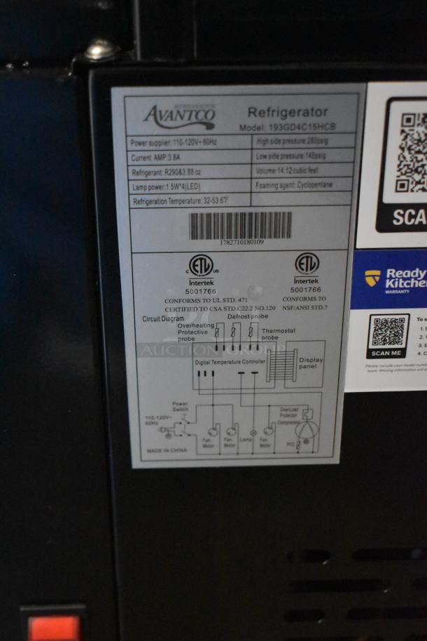 Avantco 193GD4C15HCB display case label showing model, voltage (110-120V), current (3.8A), refrigerant type, and certifications.