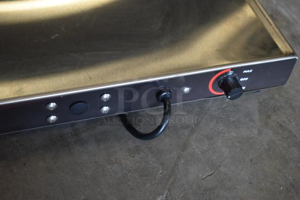 Brand new 2025 ServIt 423HSW2036 36" stainless steel heated shelf warmer, 120V, with minor scratches, temperature dial visible.