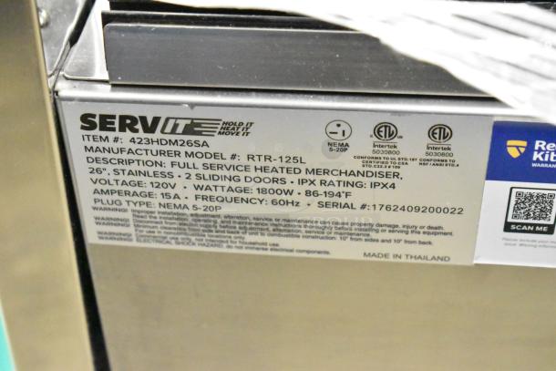 BRAND NEW ServIt 423HDM26SA 26" countertop heated display case with 3 shelves, sliding doors; scratch and dent. 120V, 1 Phase.