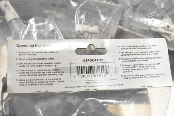 Barcoded label detailing operating instructions for 176POUR2NC product, manufactured by Clark Core Services, Malaysia.