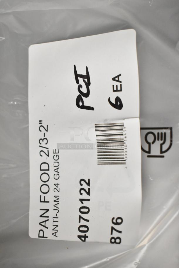 Label showing "PAN FOOD 2/3-2" ANTI-JAM 24 GAUGE," indicating item type and gauge. Marked "6 EA" and "PCL."