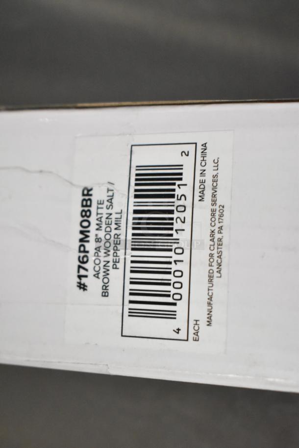 Label of Acopa 8" Matte Brown Wooden Salt/Pepper Mill, barcode 00010120512, made in China.