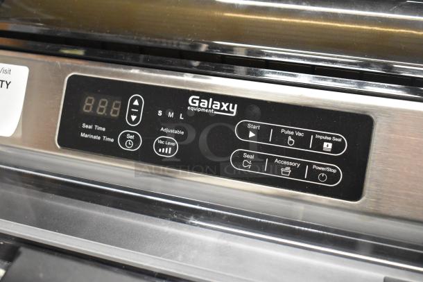 "Brand new Galaxy GVME16SS vacuum packaging machine with 16-inch seal bar, roll cutter, dual piston pump, digital controls."