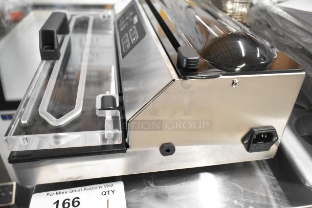 Brand new Galaxy GVME16SS vacuum packaging machine with 16" seal bar, roll cutter, and dual piston pump.