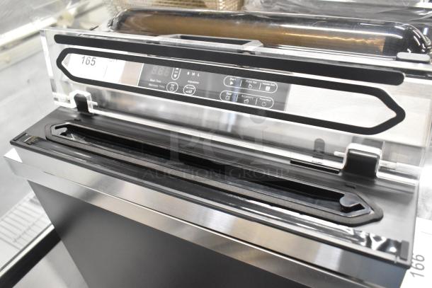 Brand new Galaxy GVME16SS vacuum packaging machine, 16" seal bar, roll cutter, dual piston pump, 120V, scratch and dent condition.