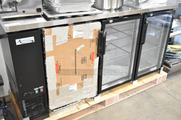 Brand new Avantco 178UBB72GHC 73" black counter height back bar refrigerator. Features narrow glass doors, LED lighting, 120 volts, 1 phase. Note broken glass on door.