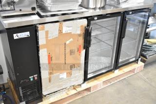 Brand new Avantco 178UBB72GHC 73" black counter height back bar refrigerator. Features narrow glass doors, LED lighting, 120 volts, 1 phase. Note broken glass on door.