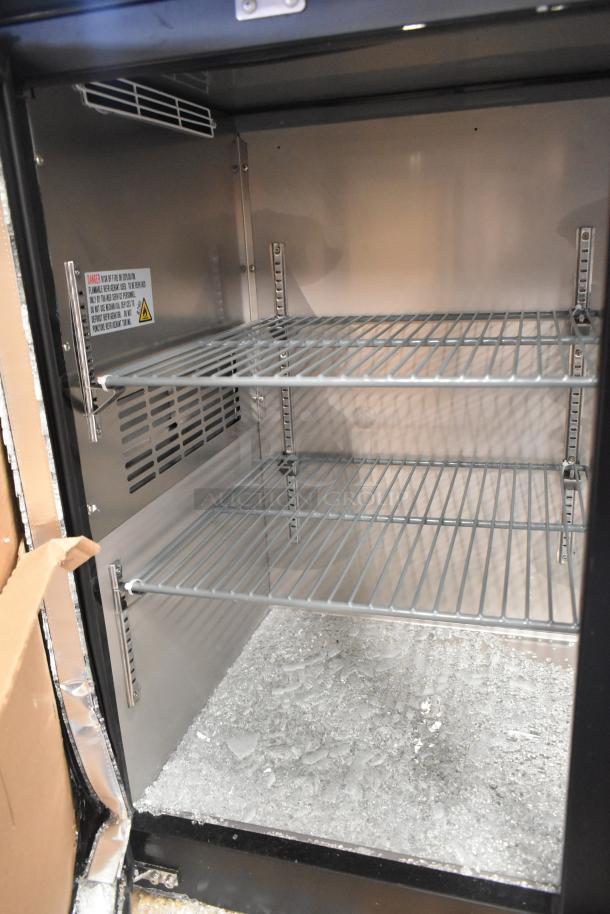 BRAND NEW 2025 Avantco model 178UBB72GHC 73" back bar refrigerator, black with LED lighting, scratch and dent condition, broken glass visible.