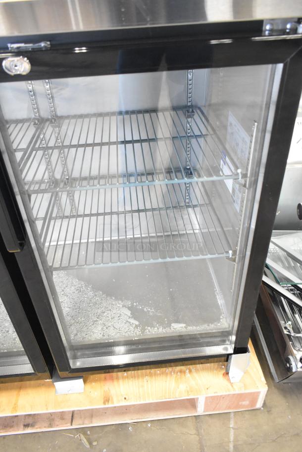 Avantco 178UBB72GHC back bar refrigerator with cracked glass door, LED lighting, 73" black counter height, 120V, 1 phase.