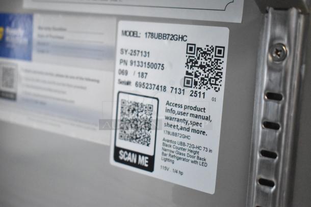 QR code on Avantco 178UBB72GHC fridge label for product info, warranty, and specs.