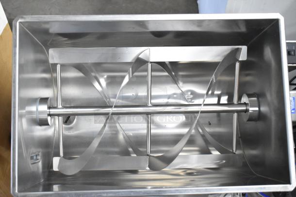 Stainless steel countertop meat mixer with SIC FV-320 pneumatic food pedal, shown in excellent condition.