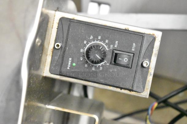 Countertop meat mixer with SIC FV-320 pneumatic food pedal, featuring adjustable timer and power switch. Used condition.