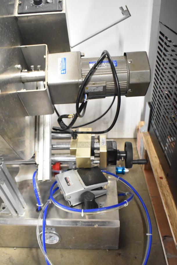 Countertop meat mixer with SIC FV-320 pneumatic food pedal, stainless steel construction, used condition, attached hoses and power cables visible.