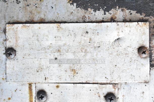 Blodgett 981 commercial gas pizza oven label, showing model and 50,000 BTU specification, with visible wear.