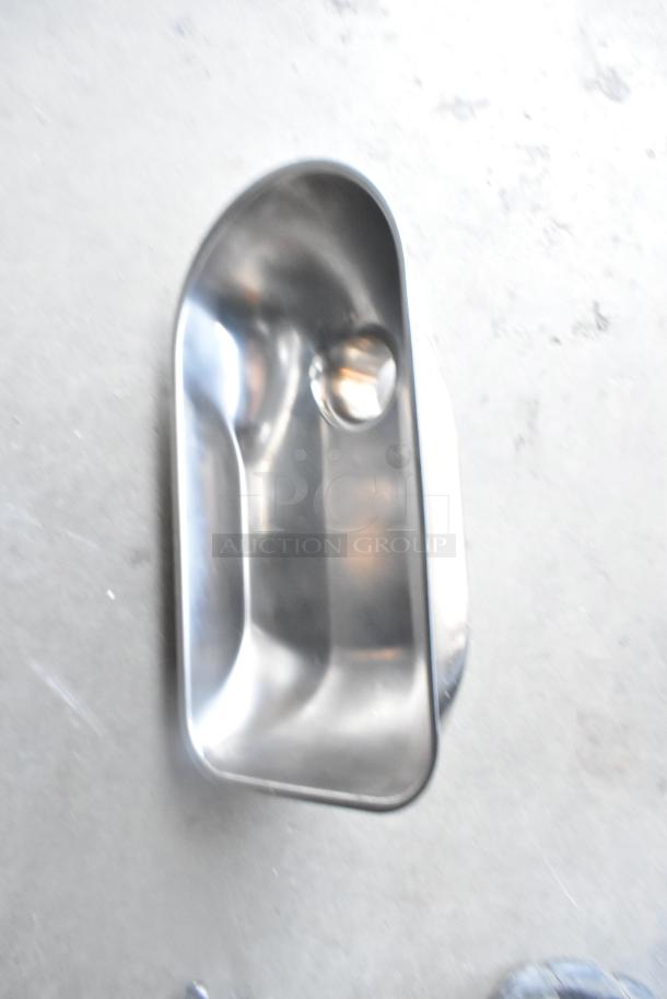 Stainless steel meat grinder tray for Avantco 177MG22R, slightly blurred, brand new condition.