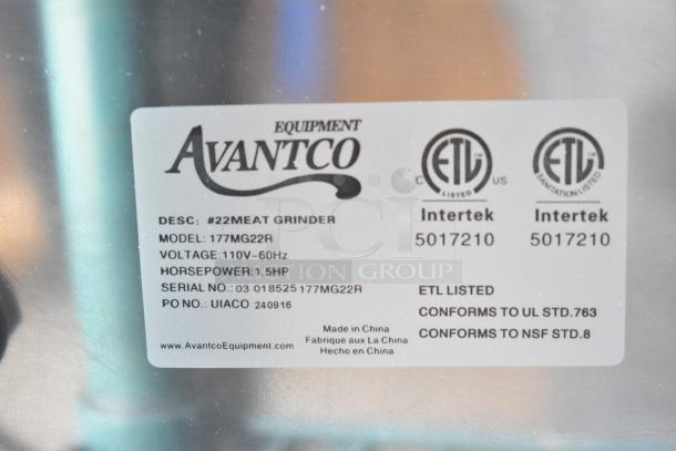 Label on Avantco 177MG22R meat grinder, indicating 110V, 1.5HP, ETL-listed, made in China, conforms to UL and NSF standards.