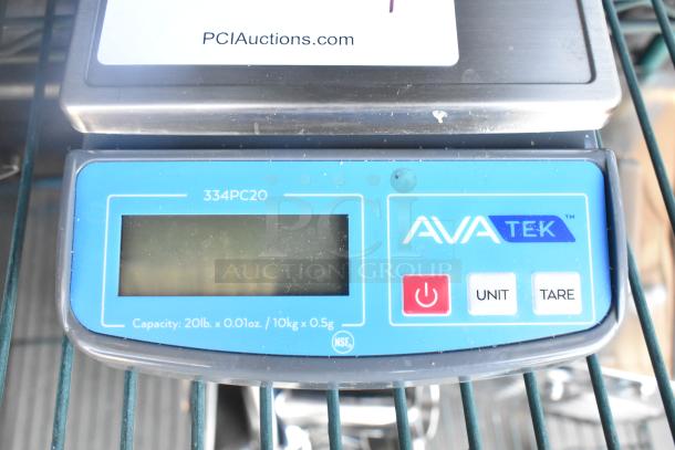 BRAND NEW SCRATCH AND DENT AvaTek 334PC20 digital portion scale, 20 lb. capacity, compact design, blue display, unit/tare buttons.