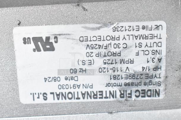 Alt text: "American Range A37652 Blower Motor Assembly, 1/4 HP, label shows RPM 1725, scratch and dent condition, new."
