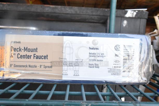 Brand new Waterloo 750FD48G deck mount faucet, 8" gooseneck spout, 4" centers, 2.0 GPM aerator, heavy-duty body.