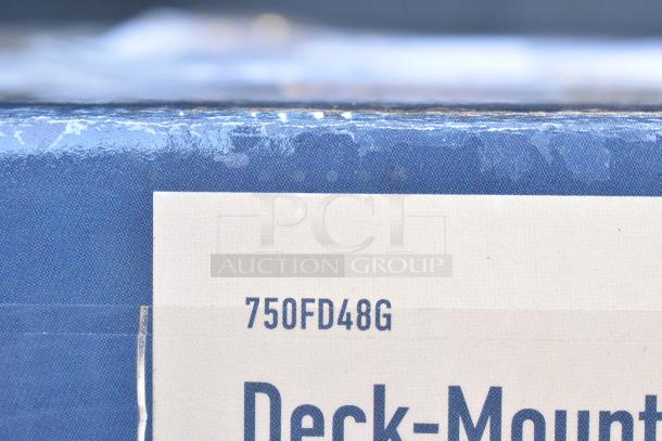 Waterloo 750FD48G deck mount faucet, 8" gooseneck spout, 4" centers, brand new, box shows wear.