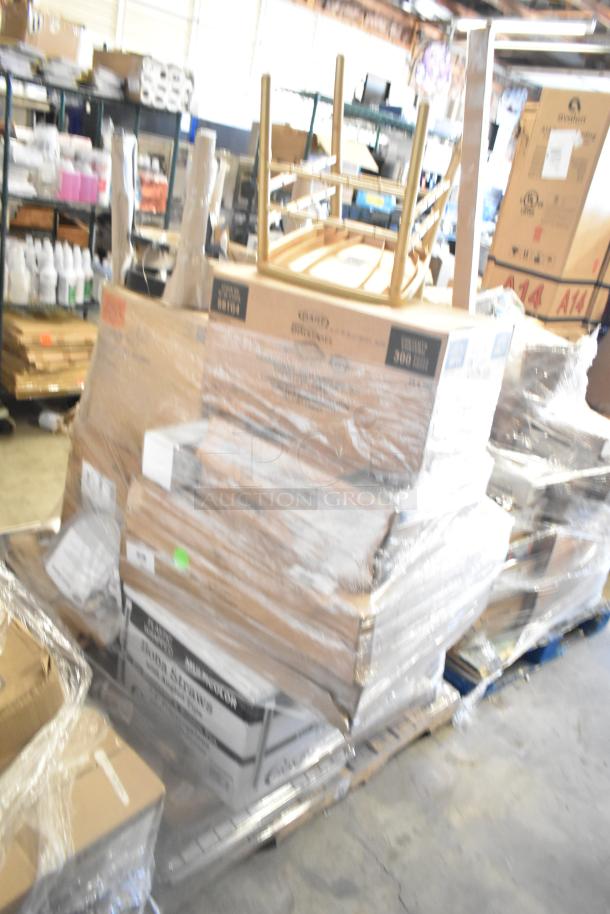 Pallet of 22 new scratch and dent items including boxes of a chair, touch panel, valve, and taco clamshell.
