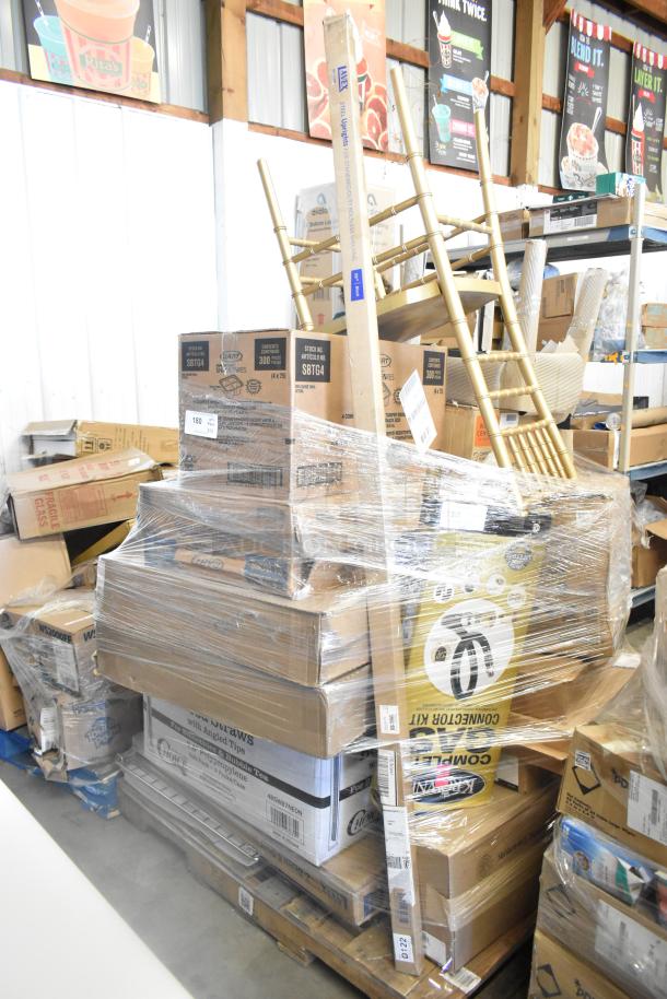 Pallet of 22 brand new scratch and dent items, including a chair, touch panel, and taco clamshell. Wrapped in plastic.