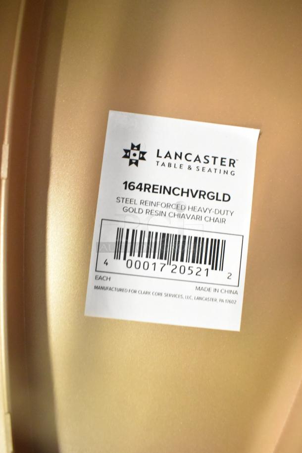 Lancaster Table & Seating gold resin Chiavari chair, model 164REINCHVRGLD, steel-reinforced, made in China.