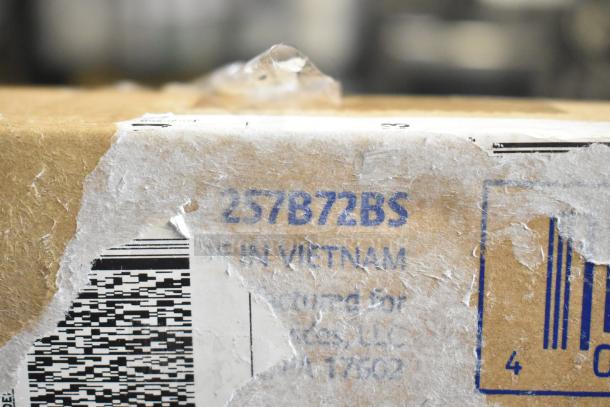 Cardboard box with visible shipping label. Marked "257B72BS," made in Vietnam. Slight wear on label edges.