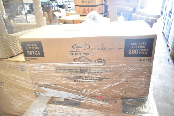 Cardboard box labeled "Dart TamperGuard Snack Boxes" with stock number SBTG4, containing 300 pieces. Box is wrapped in plastic film.