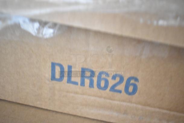 Cardboard box marked "DLR626," containing 22 new scratch and dent items, including chair, touch panel, and valve.
