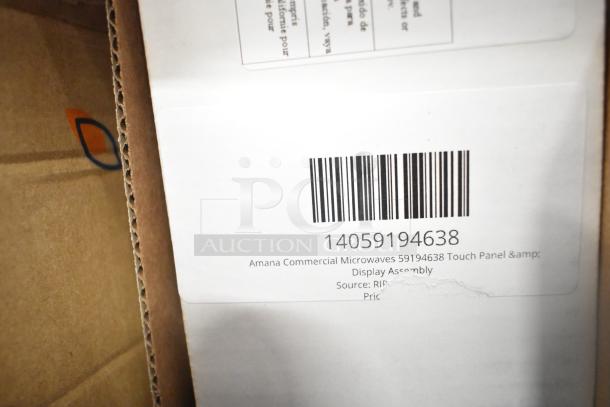 Barcoded label on Amana Commercial Microwaves 59194638 Touch Panel & Display Assembly box. Box is sealed.